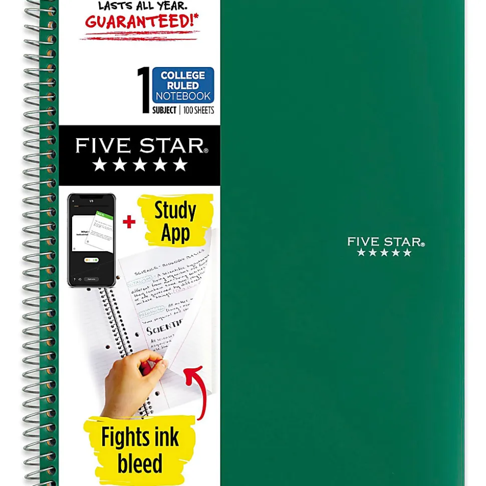 Five Star® Spiral Notebook Plus Study App, 1 Subject, College Ruled, 8 1/2" x 11", Retro Green