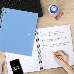 Five StarĀ® Spiral Notebook Plus Study App, 5 Subject, Wide Ruled, 8" x 10 1/2", Sky Blue