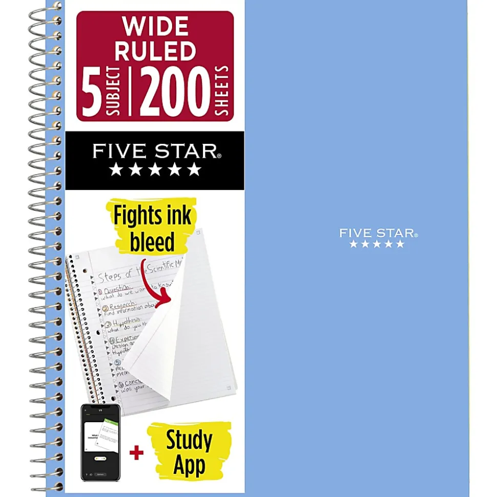 Five Star® Spiral Notebook Plus Study App, 5 Subject, Wide Ruled, 8" x 10 1/2", Sky Blue