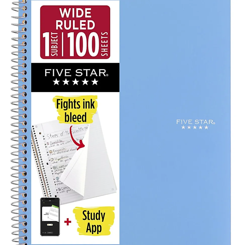 Five Star® Spiral Notebook Plus Study App, 1 Subject, Wide Ruled, 8" x 10 1/2", Sky Blue