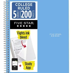 Five Star® Wire-Bound Notebook, 8-1/2" x 11", 5 Subject, College Ruled, 200 Sheets, Sky Blue