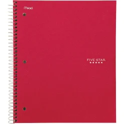 Five StarĀ® Wirebound Notebook Plus Study App, 3 Subject, College Ruled, 8 1/2" x 11", Fire Red