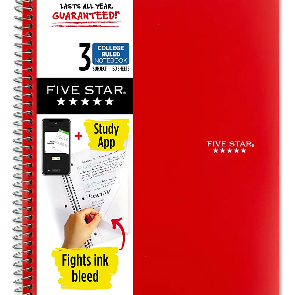 Five Star® Wirebound Notebook Plus Study App, 3 Subject, College Ruled, 8 1/2" x 11", Fire Red