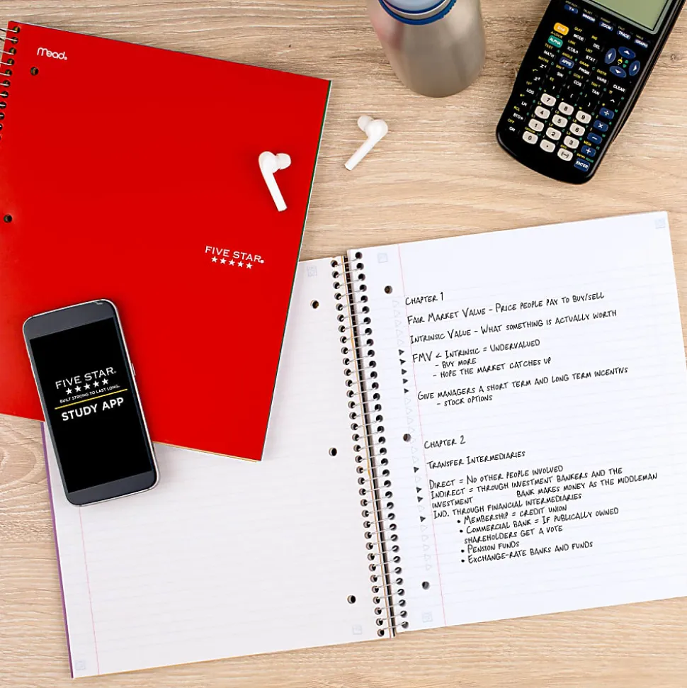 Five Star® Wirebound Notebook Plus Study App, 3 Subject, College Ruled, 8 1/2" x 11", Fire Red