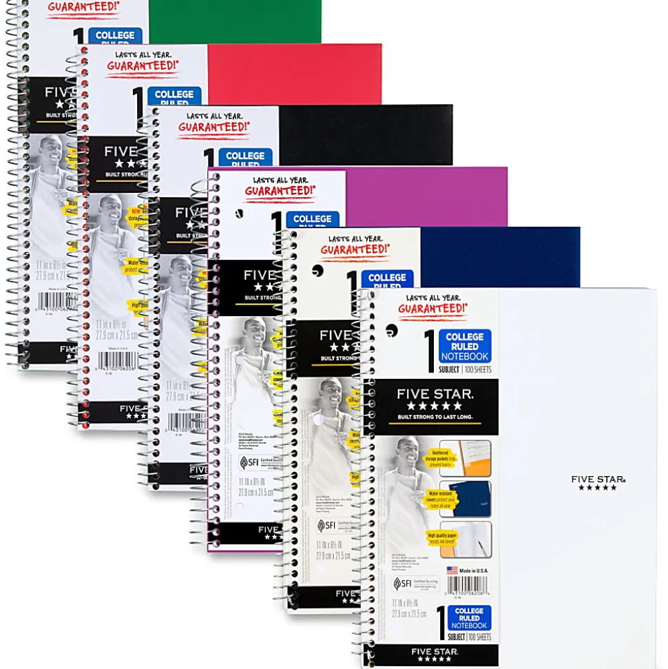 Five Star Wirebound Notebook Plus Study App, 1 Subject, College Ruled, 8 1/2" x 11", 100 Sheets, Assorted Colors