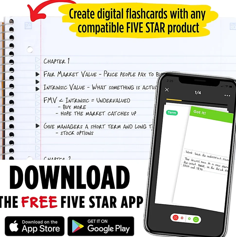 Five Star® Wirebound Notebook Plus Study App, 8-1/2" x 11", 5 Subject, College Ruled, 200 Sheets, Red