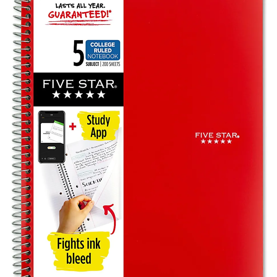 Five Star® Wirebound Notebook Plus Study App, 8-1/2" x 11", 5 Subject, College Ruled, 200 Sheets, Red