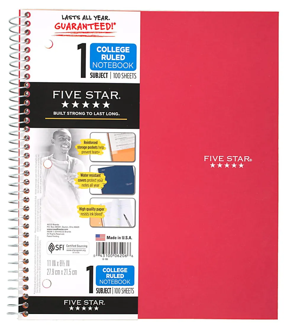 Five Star® Wirebound Notebook Plus Study App, 1 Subject, College Ruled, 8 1/2" x 11", 100 Sheets, Fire Red