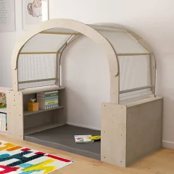 Flash Furniture Bright Beginnings Commercial-Grade Quiet Corner Reading Nook With 2 Storage Shelf Units And Canopy, Beech