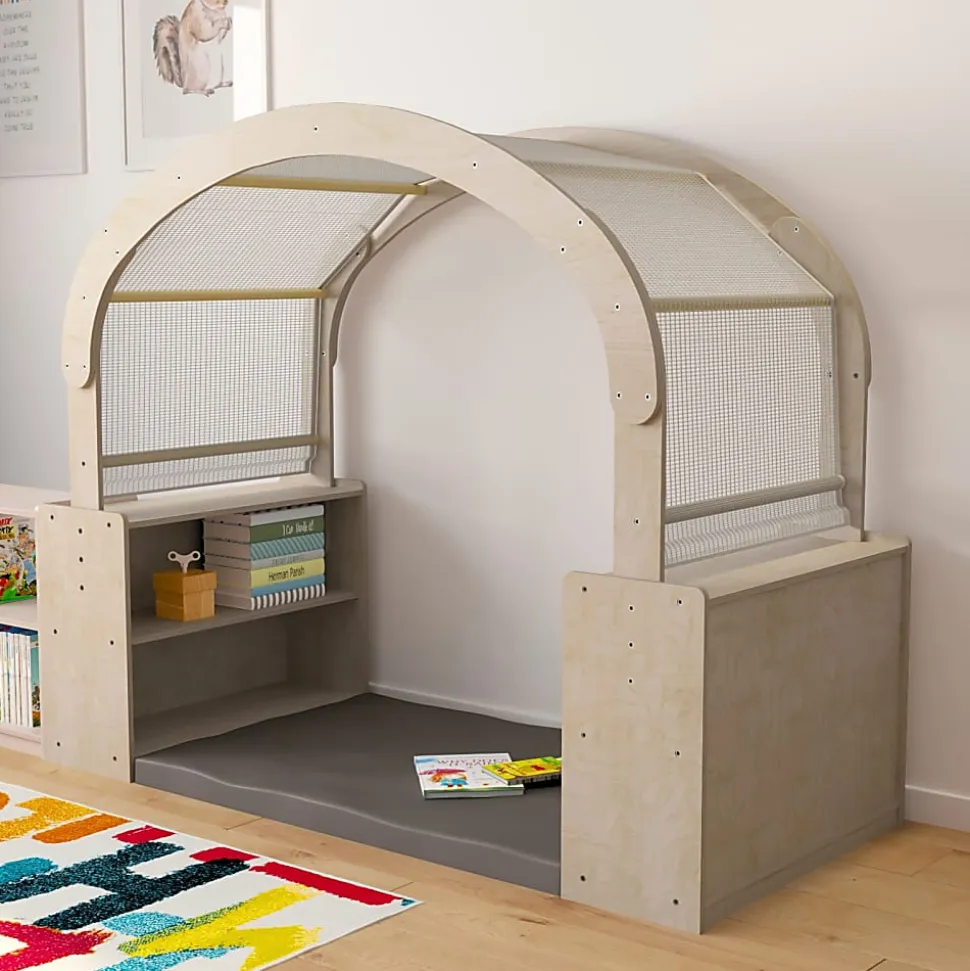 Flash Furniture Bright Beginnings Commercial-Grade Quiet Corner Reading Nook With 2 Storage Shelf Units And Canopy, Beech
