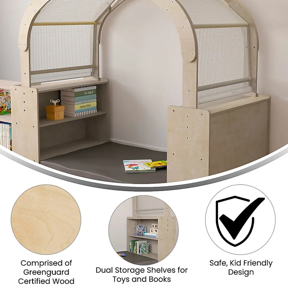 Flash Furniture Bright Beginnings Commercial-Grade Quiet Corner Reading Nook With 2 Storage Shelf Units And Canopy, Beech