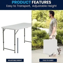 Flash Furniture Height-Adjustable Bi-Fold Plastic Folding Table, 29-1/4