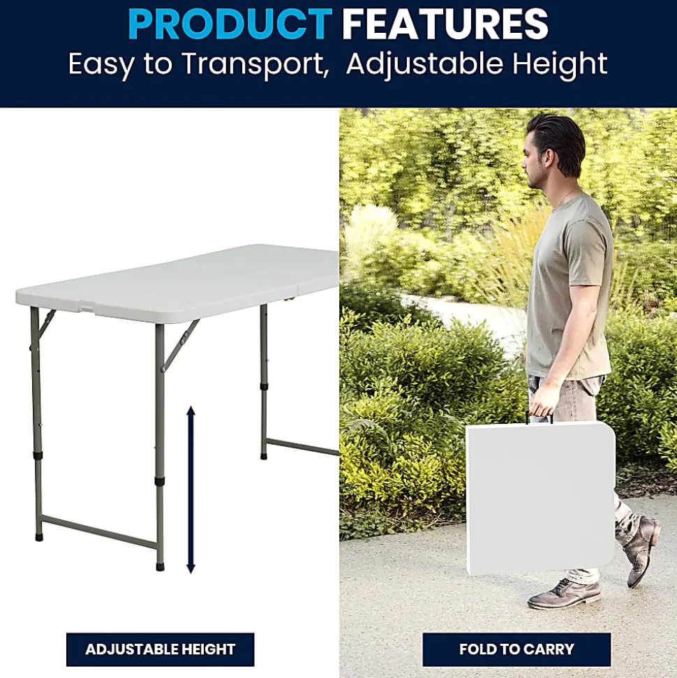 Flash Furniture Height-Adjustable Bi-Fold Plastic Folding Table, 29-1/4"H x 23-3/4"W x 47-3/4"D, Granite White