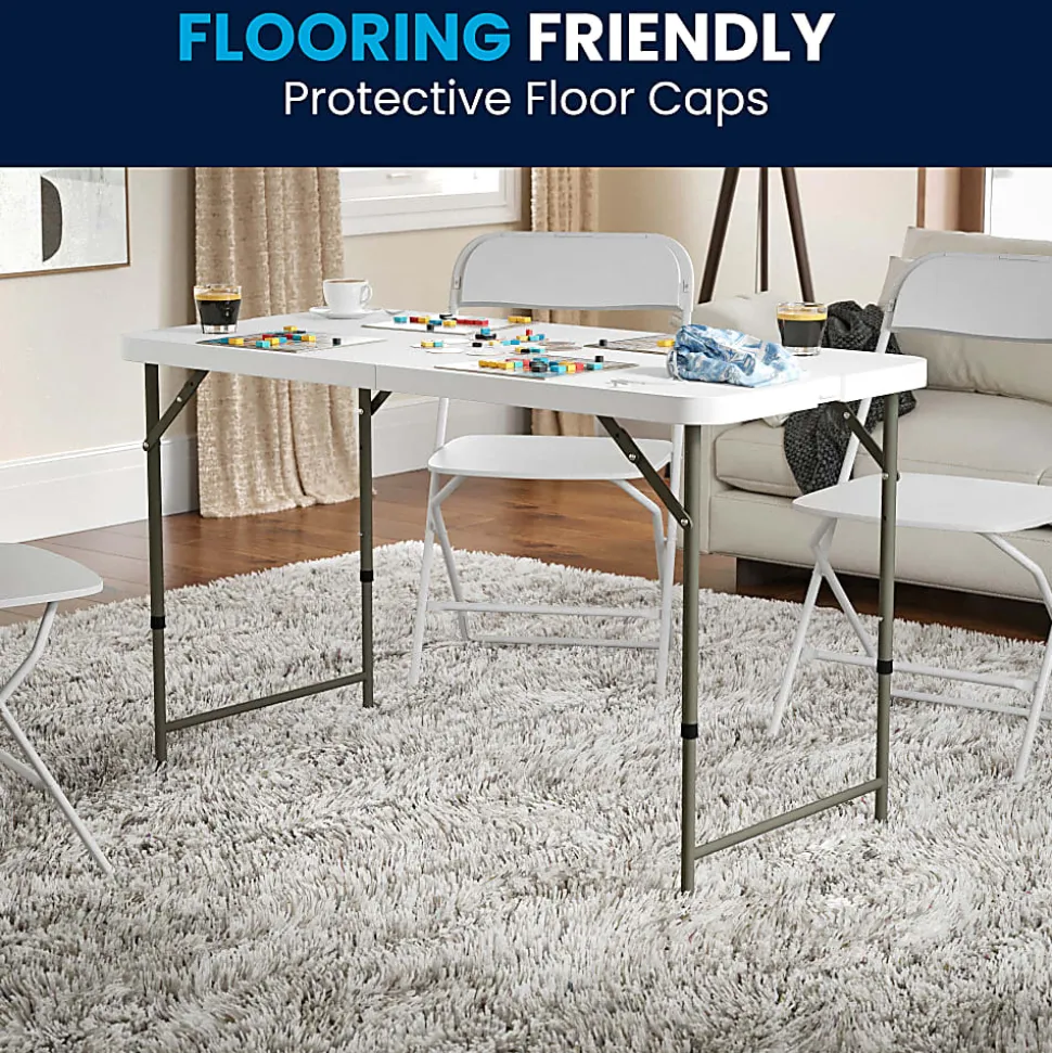 Flash Furniture Height-Adjustable Bi-Fold Plastic Folding Table, 29-1/4"H x 23-3/4"W x 47-3/4"D, Granite White