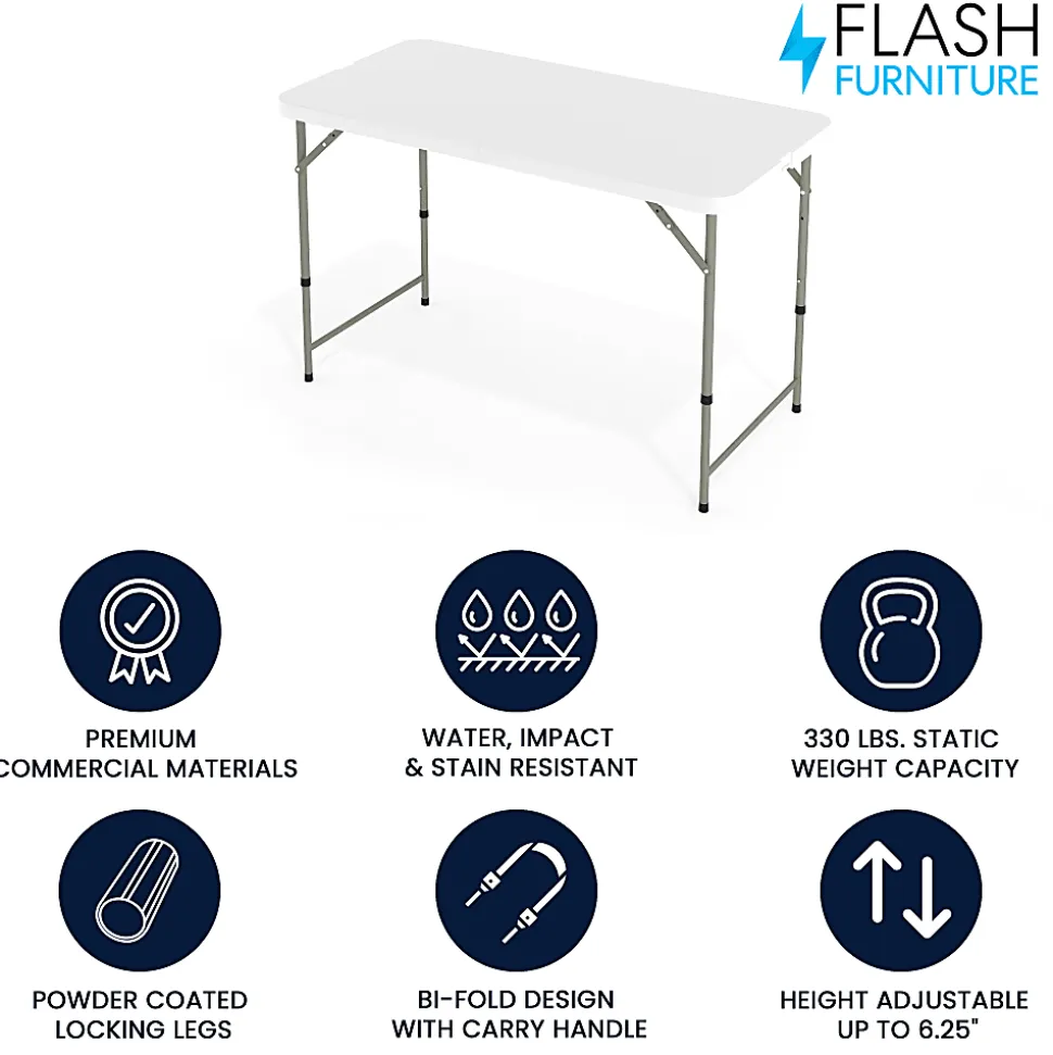 Flash Furniture Height-Adjustable Bi-Fold Plastic Folding Table, 29-1/4"H x 23-3/4"W x 47-3/4"D, Granite White