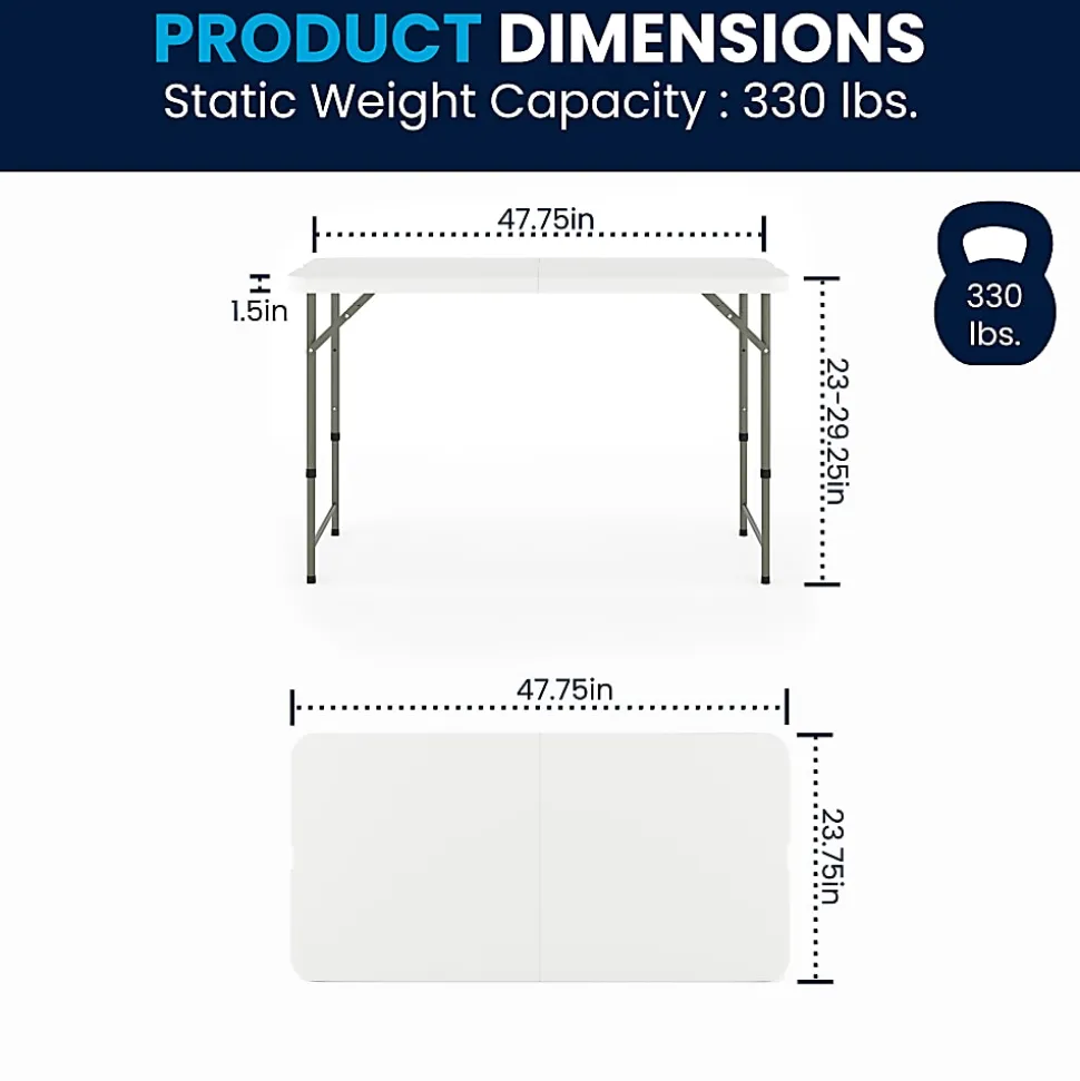 Flash Furniture Height-Adjustable Bi-Fold Plastic Folding Table, 29-1/4"H x 23-3/4"W x 47-3/4"D, Granite White