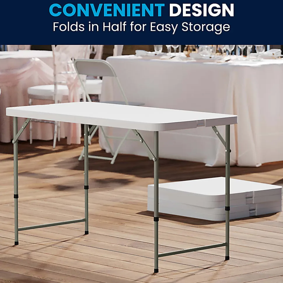 Flash Furniture Height-Adjustable Bi-Fold Plastic Folding Table, 29-1/4"H x 23-3/4"W x 47-3/4"D, Granite White