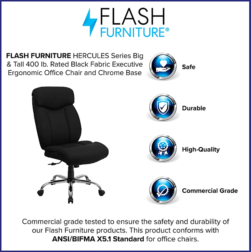 Flash Furniture Hercules Big And Tall High-Back Ergonomic Office Chair With Full Headrest And Chrome Base, Black Fabric