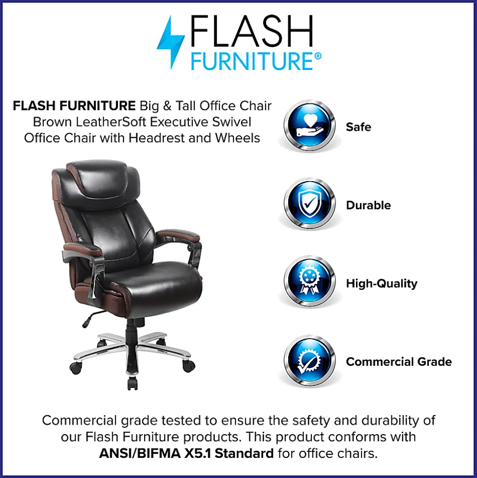 Flash Furniture Hercules Big & Tall Ergonomic LeatherSoft™ Faux Leather Office Chair With Height-Adjustable Headrest, Brown/Gray