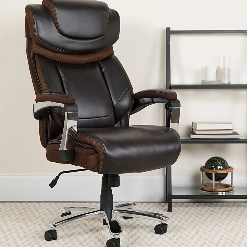 Flash Furniture Hercules Big & Tall Ergonomic LeatherSoft™ Faux Leather Office Chair With Height-Adjustable Headrest, Brown/Gray