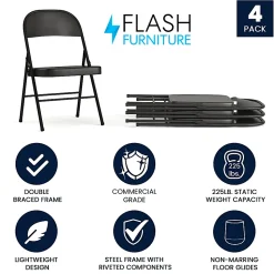 Flash Furniture Hercules Double-Braced Metal Folding Chairs, Set Of 4 Folding Chairs, Black