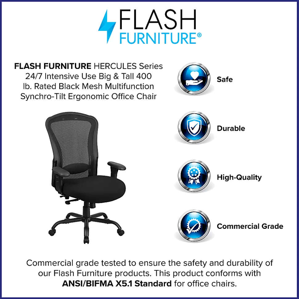 Flash Furniture HERCULES 24-7 Intensive Mesh Big And Tall Multifunction Chair With Synchro Tilt, Black