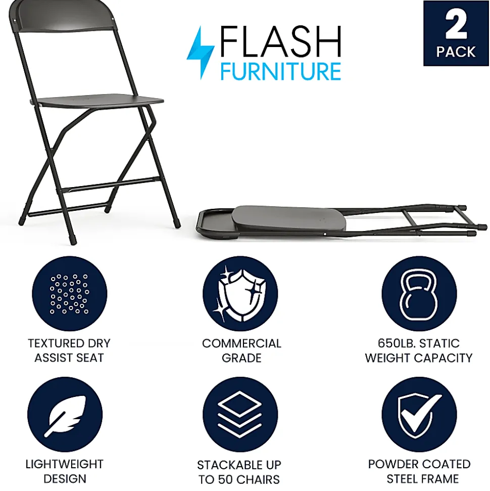 Flash Furniture Hercules Plastic Folding Chairs With 650-lb Capacity, Black, Set Of 2 Chairs