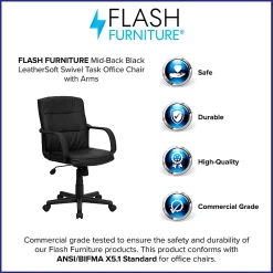 Flash Furniture LeatherSoft™ Faux Leather Mid-Back Office Chair With Chrome Base And Arms, Black/Gray
