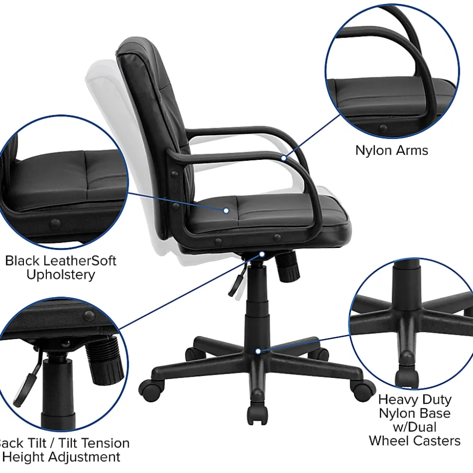 Flash Furniture LeatherSoft™ Faux Leather Mid-Back Office Chair With Chrome Base And Arms, Black/Gray