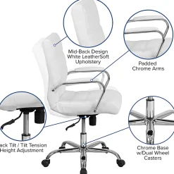 Flash Furniture LeatherSoft™ Faux Leather Mid-Back Office Chair With Chrome Base And Arms, White/Gray