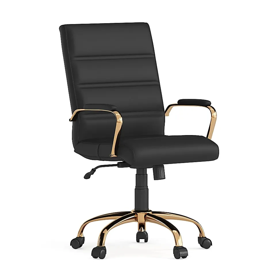 Flash Furniture LeatherSoft™ Faux Leather Mid-Back Office Chair With Chrome Base And Arms, Black/Gold
