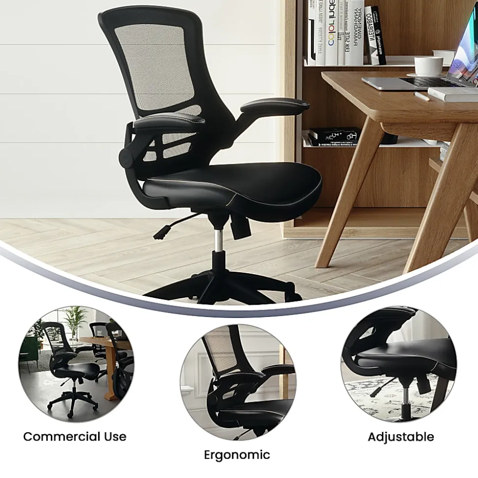 Flash Furniture LeatherSoft™ Faux Leather Mid-Back Swivel Chair With Flip-Up Arms, Black