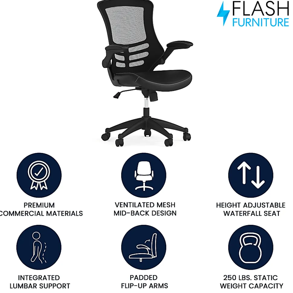 Flash Furniture LeatherSoft™ Faux Leather Mid-Back Swivel Chair With Flip-Up Arms, Black