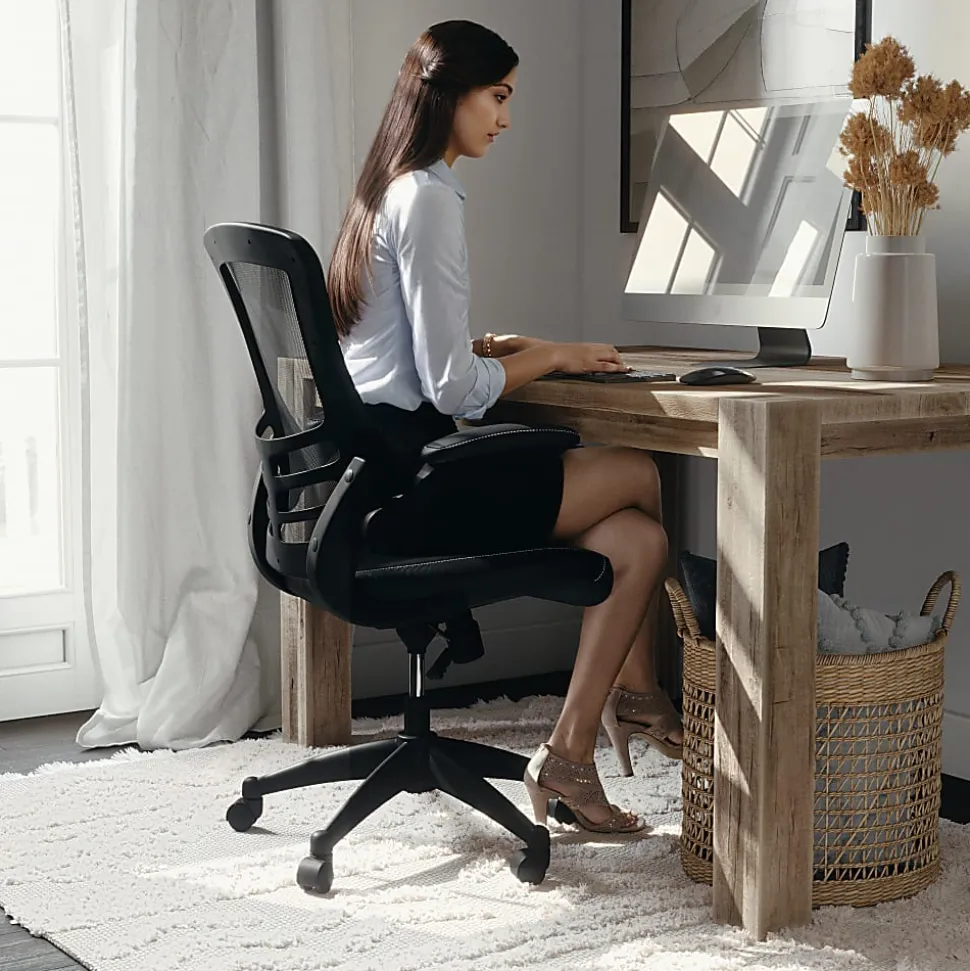 Flash Furniture LeatherSoft™ Faux Leather Mid-Back Swivel Chair With Flip-Up Arms, Black