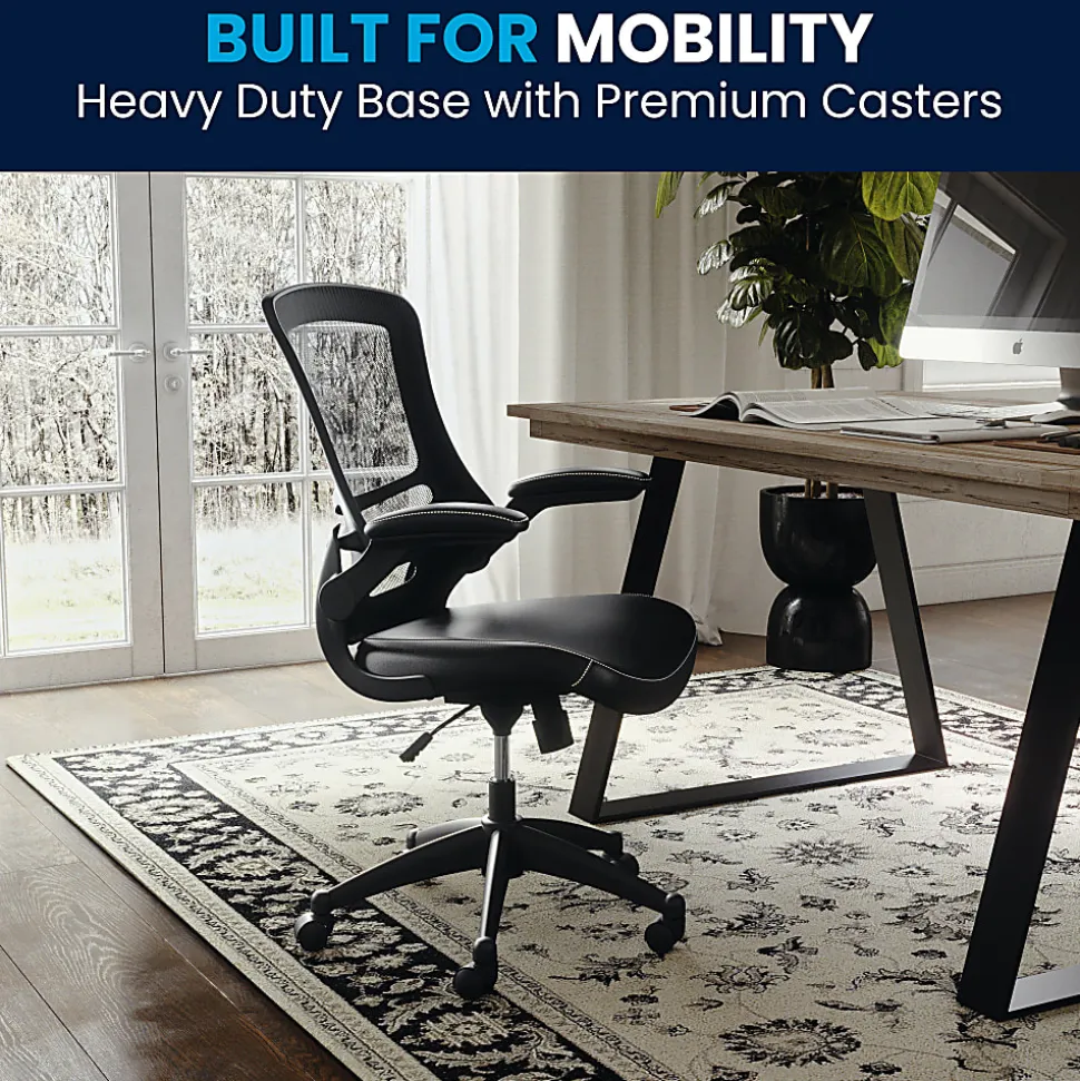Flash Furniture LeatherSoft™ Faux Leather Mid-Back Swivel Chair With Flip-Up Arms, Black