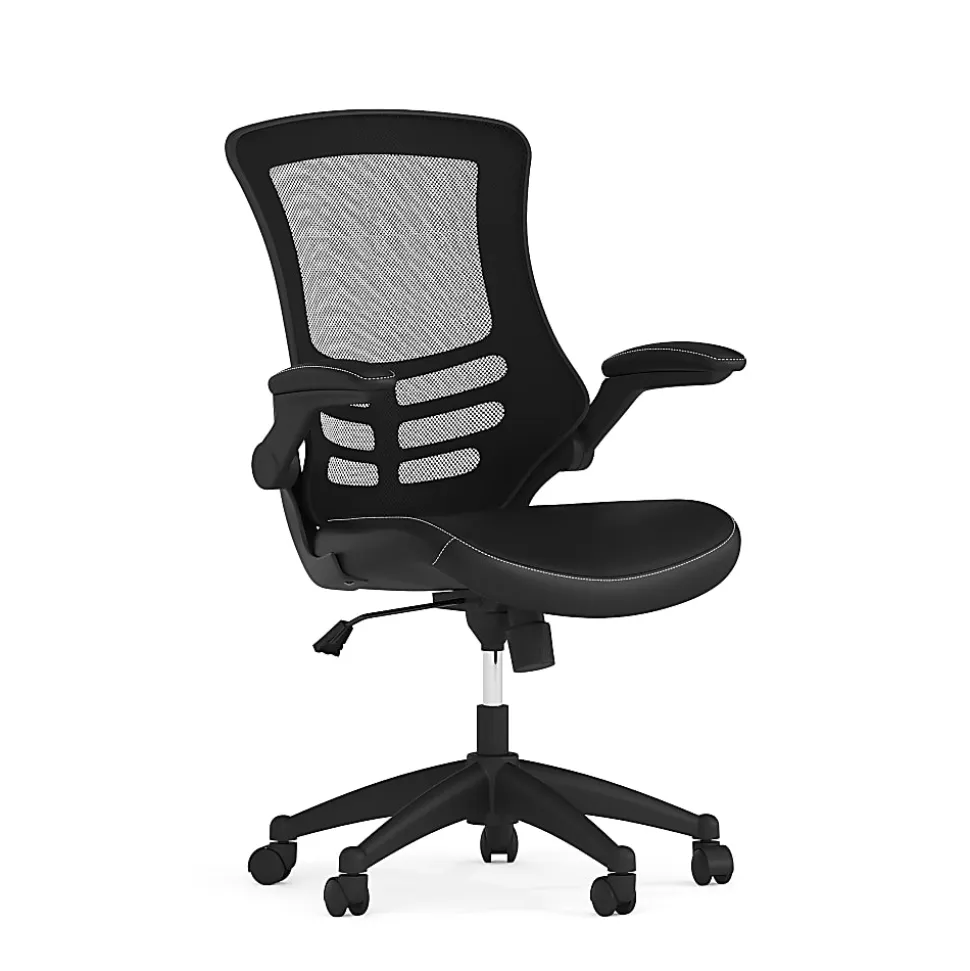 Flash Furniture LeatherSoft™ Faux Leather Mid-Back Swivel Chair With Flip-Up Arms, Black