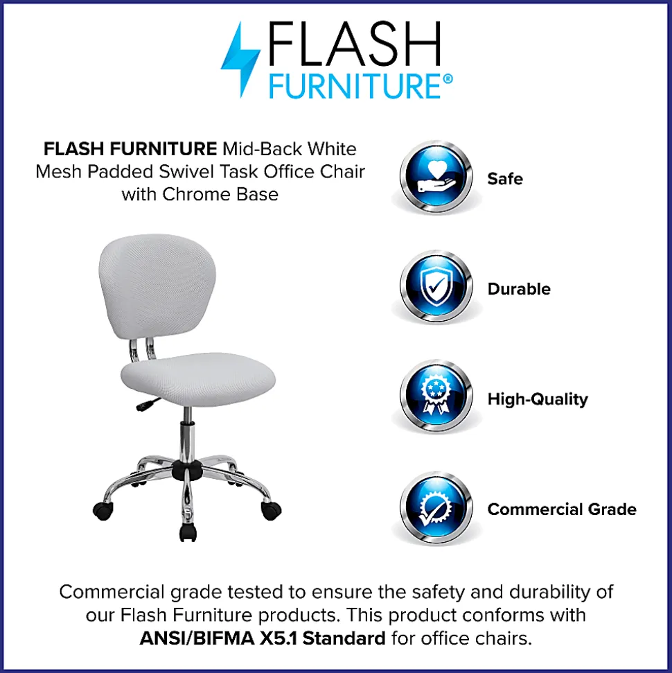 Flash Furniture Mesh Mid-Back Swivel Task Chair, White/Silver