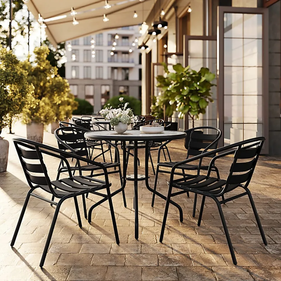Flash Furniture Metal Slat-Back Restaurant Stack Chair, 28-1/2"H x 21-1/2"W x 24"D, Black