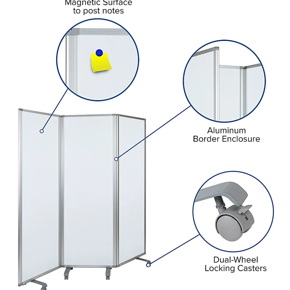 Flash Furniture Mobile Magnetic Whiteboard Partition With Lockable Casters, 72" x 24", White