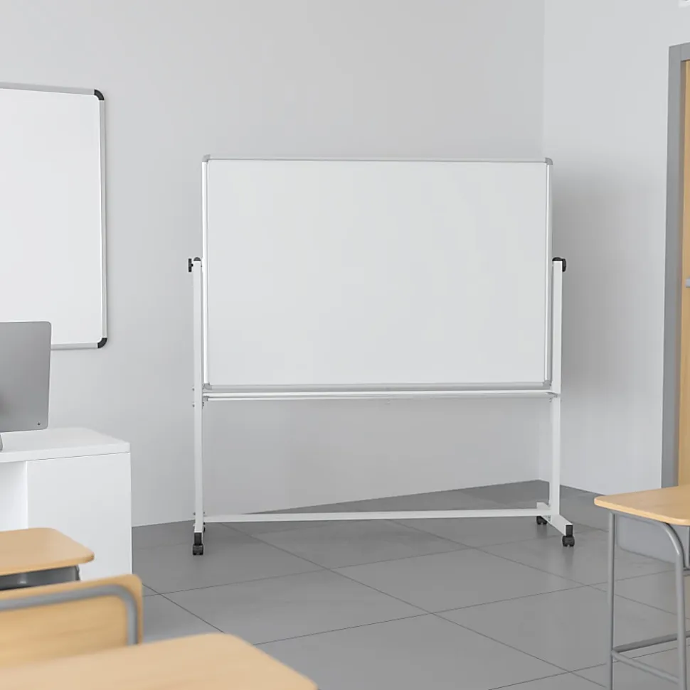 Flash Furniture Mobile Reversible Magnetic Dry-Erase Whiteboard, 64 3/4" x 64 1/4", Aluminum Frame With Silver Finish