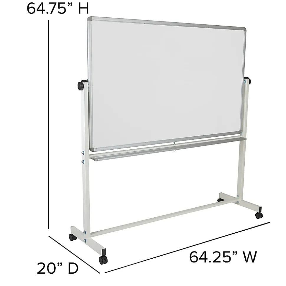 Flash Furniture Mobile Reversible Magnetic Dry-Erase Whiteboard, 64 3/4" x 64 1/4", Aluminum Frame With Silver Finish