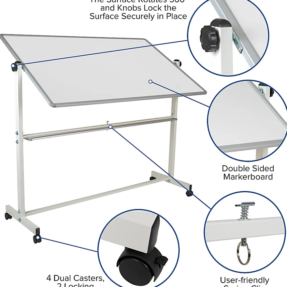 Flash Furniture Mobile Reversible Magnetic Dry-Erase Whiteboard, 64 3/4" x 64 1/4", Aluminum Frame With Silver Finish
