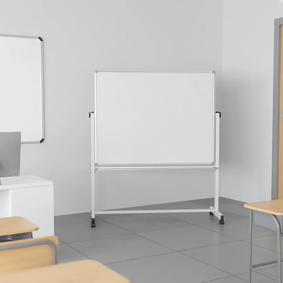 Flash Furniture Mobile Reversible Magnetic Dry-Erase Whiteboard, 62 1/2" x 53", Aluminum Frame With Silver Finish