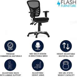 Flash Furniture Nicholas Mid-Back Black Mesh Multifunction Executive Swivel Ergonomic Office Chair with Adjustable Arms, Black