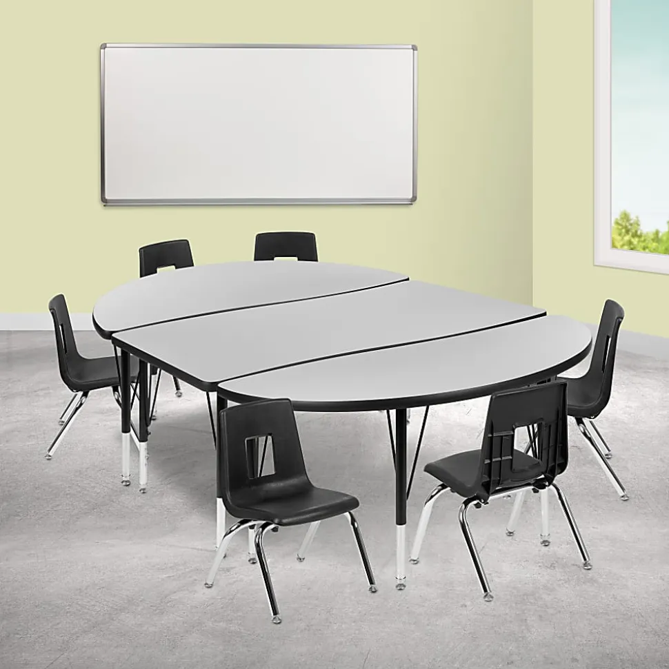 Flash Furniture 76" Oval Wave Flexible Laminate Activity Table Set With 14" Student Stack Chairs, Gray