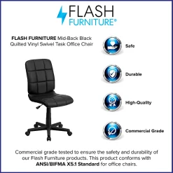 Flash Furniture Quilted Vinyl Mid-Back Swivel Task Chair, Armless,  Black