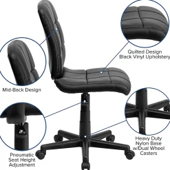 Flash Furniture Quilted Vinyl Mid-Back Swivel Task Chair, Armless, Black