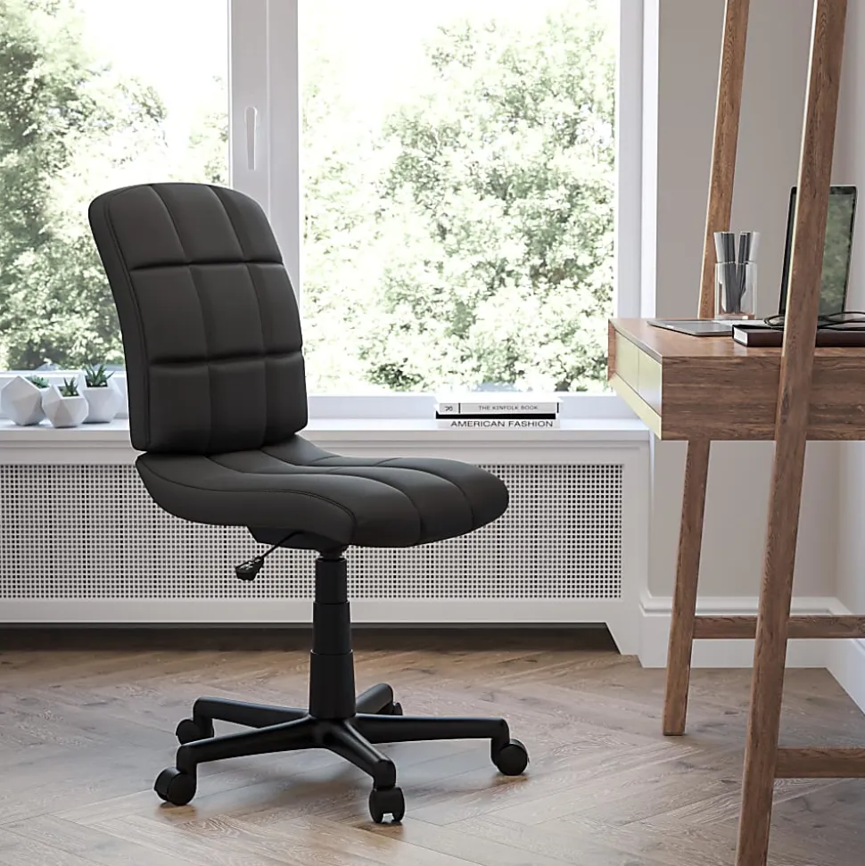 Flash Furniture Quilted Vinyl Mid-Back Swivel Task Chair, Armless, Black