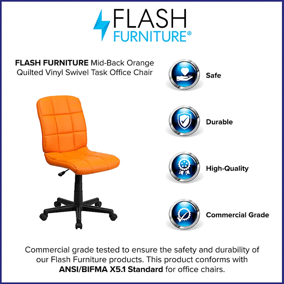 Flash Furniture Quilted Vinyl Mid-Back Swivel Task Chair, Orange/Black