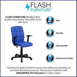 Flash Furniture Quilted Vinyl Mid-Back Swivel Task Chair, With T-Arms, Blue/Black